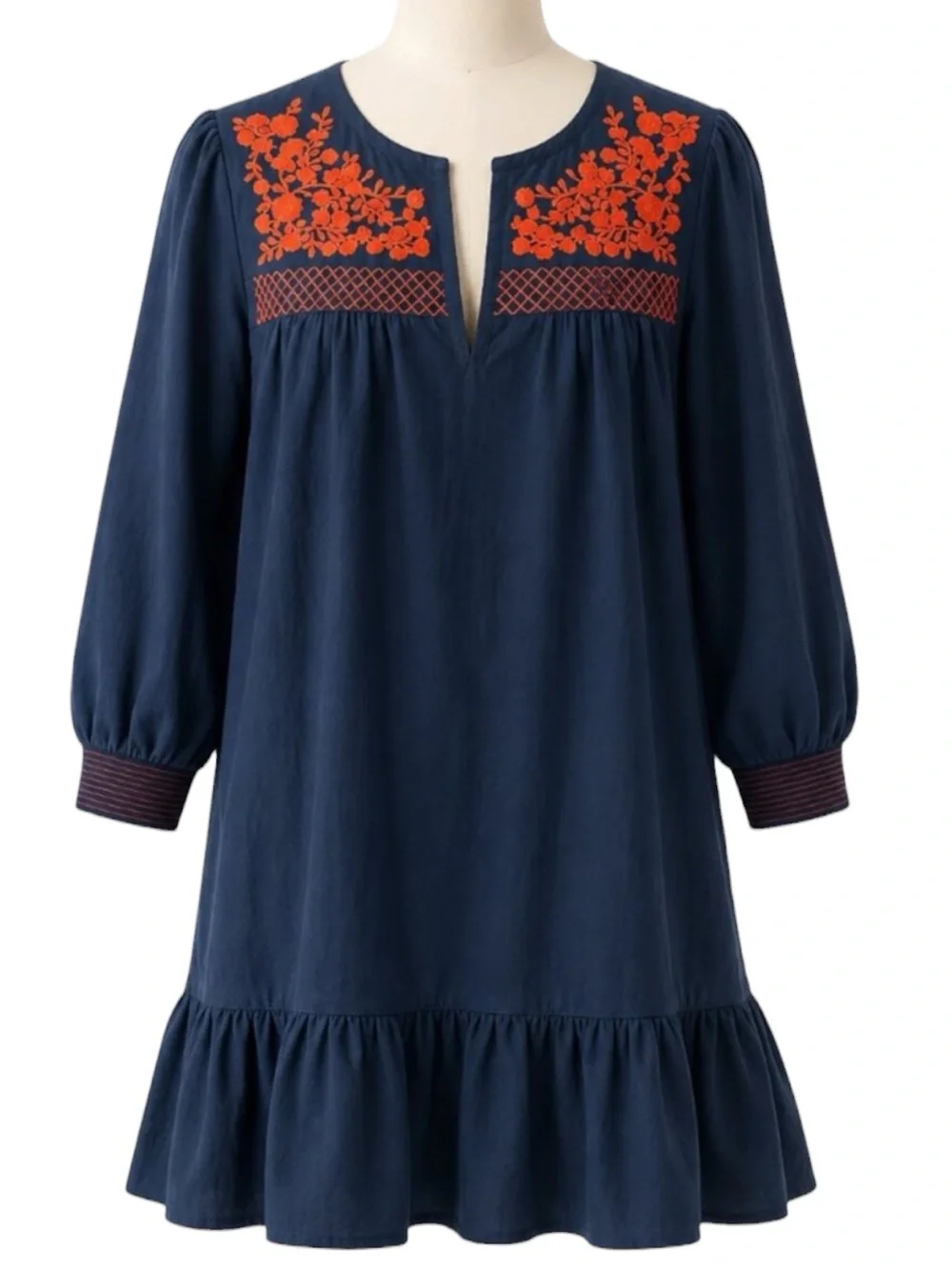 J. CREW Leda Navy Shift Dress w/ Orange Embroidered Yoke Size Medium